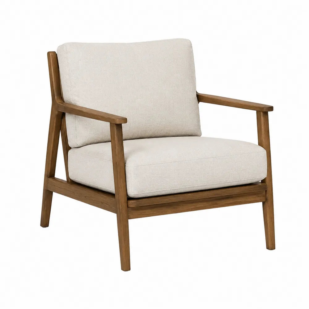 Poltrona con braccioli in legno massello e rivestimento in tessuto poliestere beige struttura colore legno naturale 78 x 80 x 76 cm