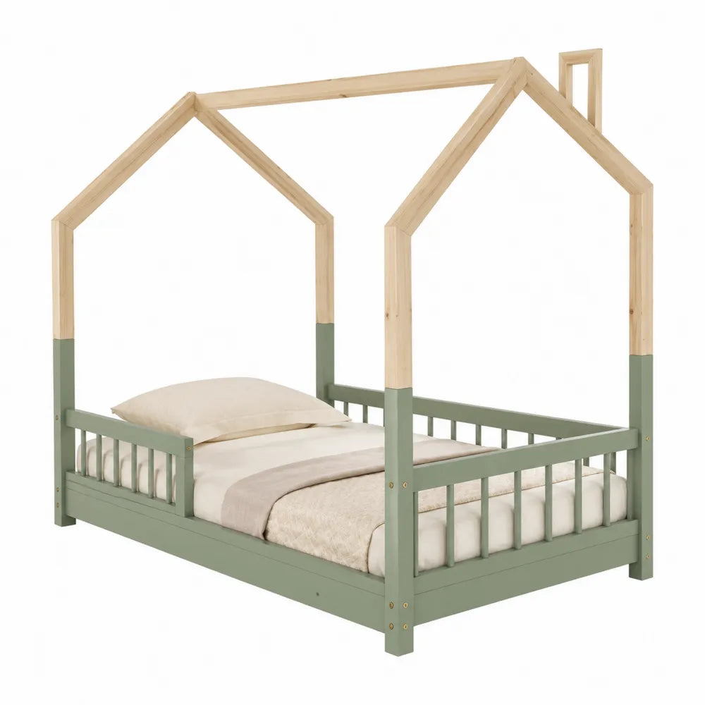 Letto a casetta singolo in legno con rete a doghe struttura verde salvia e legno naturale testiera integrata