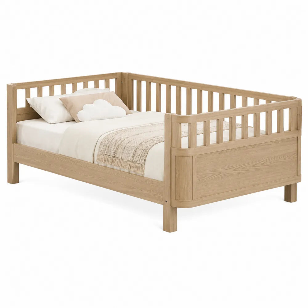 Letto singolo rettangolare per bambini in legno di pino naturale con sponde 90 x 200 cm