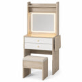 Toletta trucco con specchio LED e sgabello in MDF rovere chiaro e bianco 100x45x145 cm