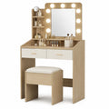 Toeletta trucco con specchio LED illuminato cassetti e ripiani laterali struttura in legno ingegnerizzato con sgabello colore bianco e legno naturale