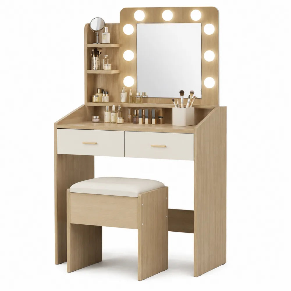 Toeletta trucco con specchio LED illuminato cassetti e ripiani laterali struttura in legno ingegnerizzato con sgabello colore bianco e legno naturale