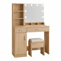 Toletta trucco in MDF e truciolare con specchio LED scaffale laterale e sgabello 100x45x145 cm rovere chiaro e bianco