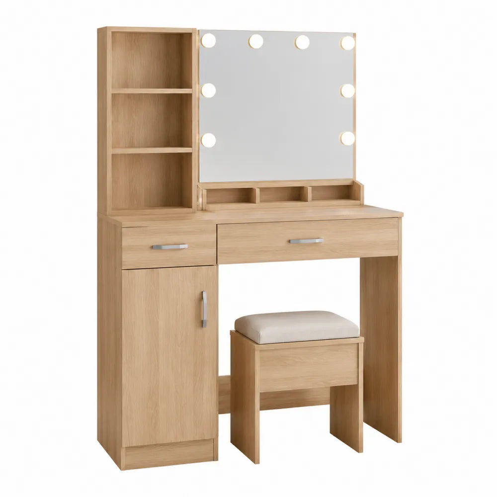 Toletta trucco in MDF e truciolare con specchio LED scaffale laterale e sgabello 100x45x145 cm rovere chiaro e bianco