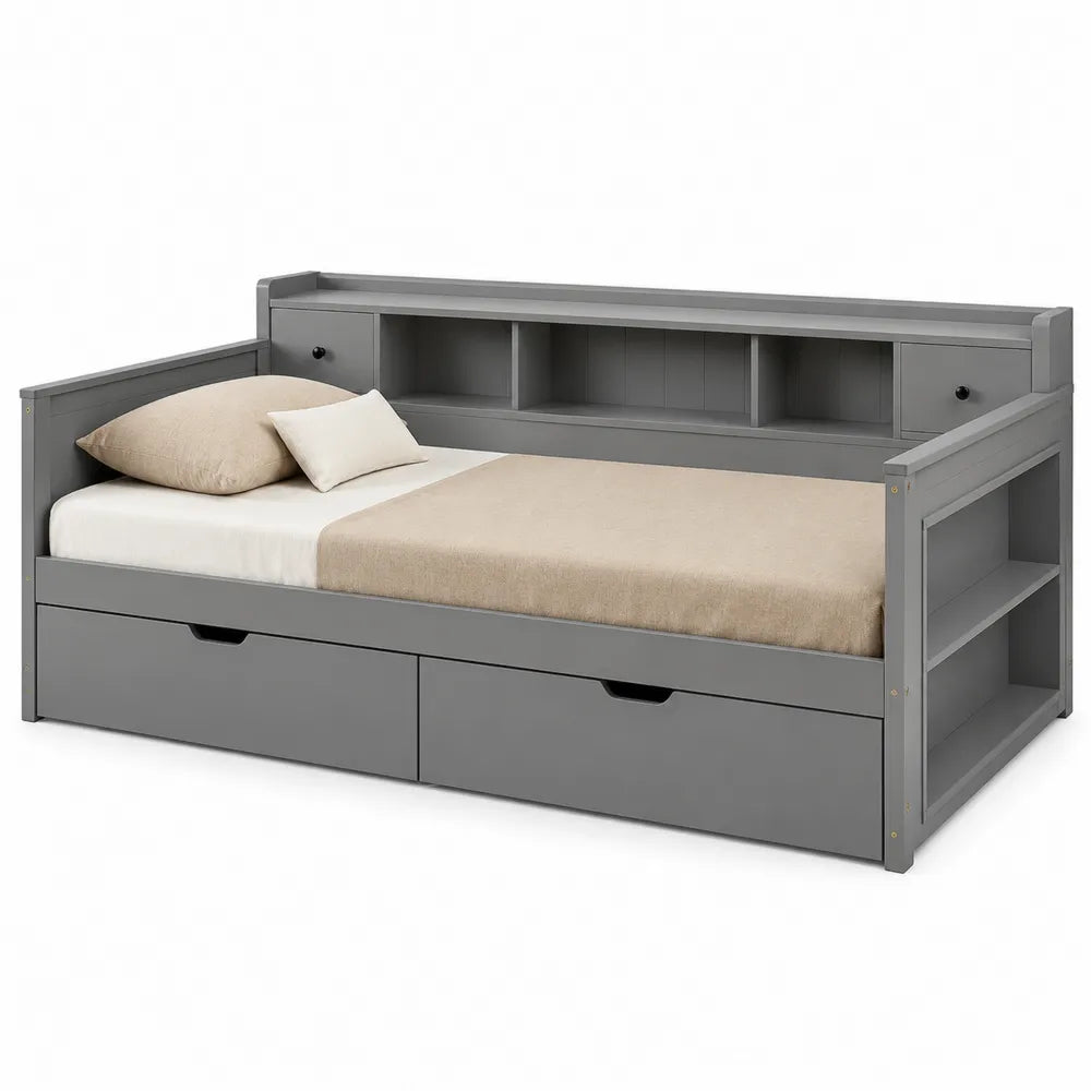 Letto singolo rettangolare con cassetti e vani in legno di pino grigio 90 x 200 cm