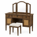 Toeletta trucco con specchio triplo e sgabello struttura in legno effetto noce con ante in rattan e cassetti multipli stile classico