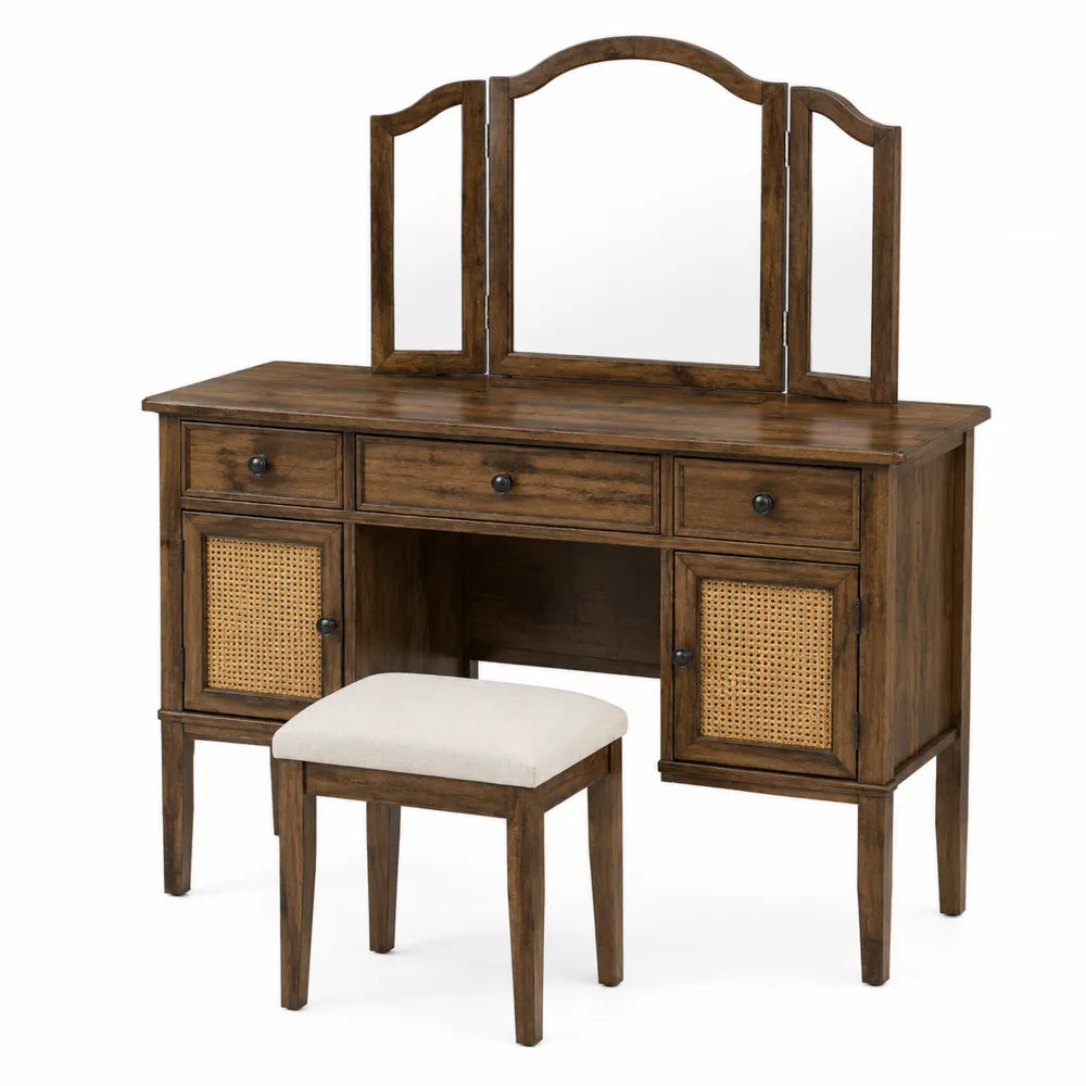 Toeletta trucco con specchio triplo e sgabello struttura in legno effetto noce con ante in rattan e cassetti multipli stile classico