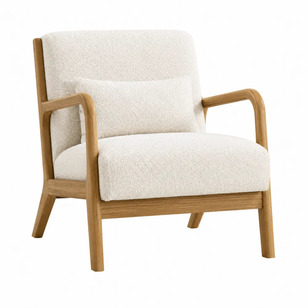Poltrona da soggiorno 75 x 80 x 85 cm in tessuto bouclé beige con struttura in legno massello e braccioli in legno naturale seduta imbottita