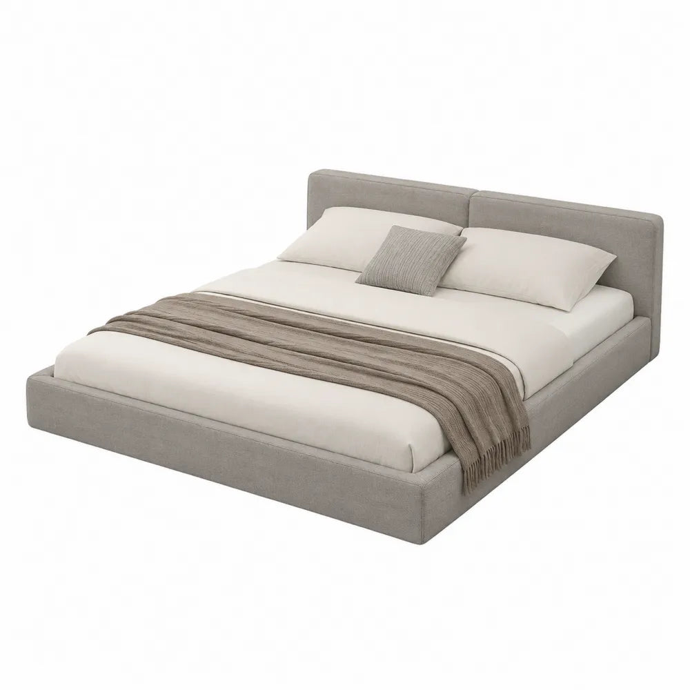 Letto matrimoniale imbottito con testiera rivestita in tessuto colore grigio chiaro struttura a piattaforma