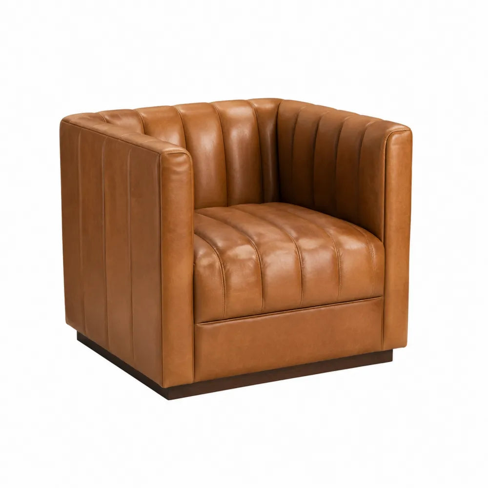 Poltrona imbottita a pozzetto in ecopelle PU marrone cognac con base nera 82 x 78 x 75 cm