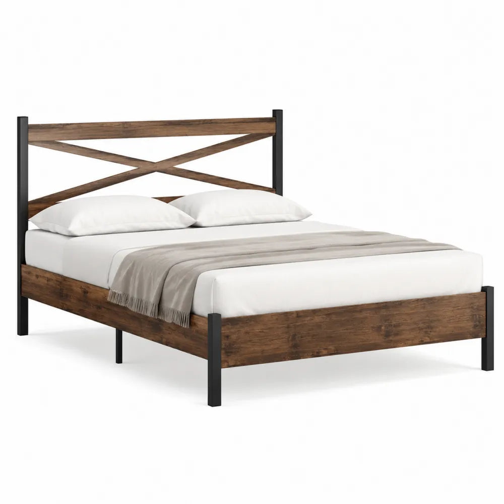Letto matrimoniale rettangolare in acciaio nero e truciolato marrone effetto legno 160 x 200 cm