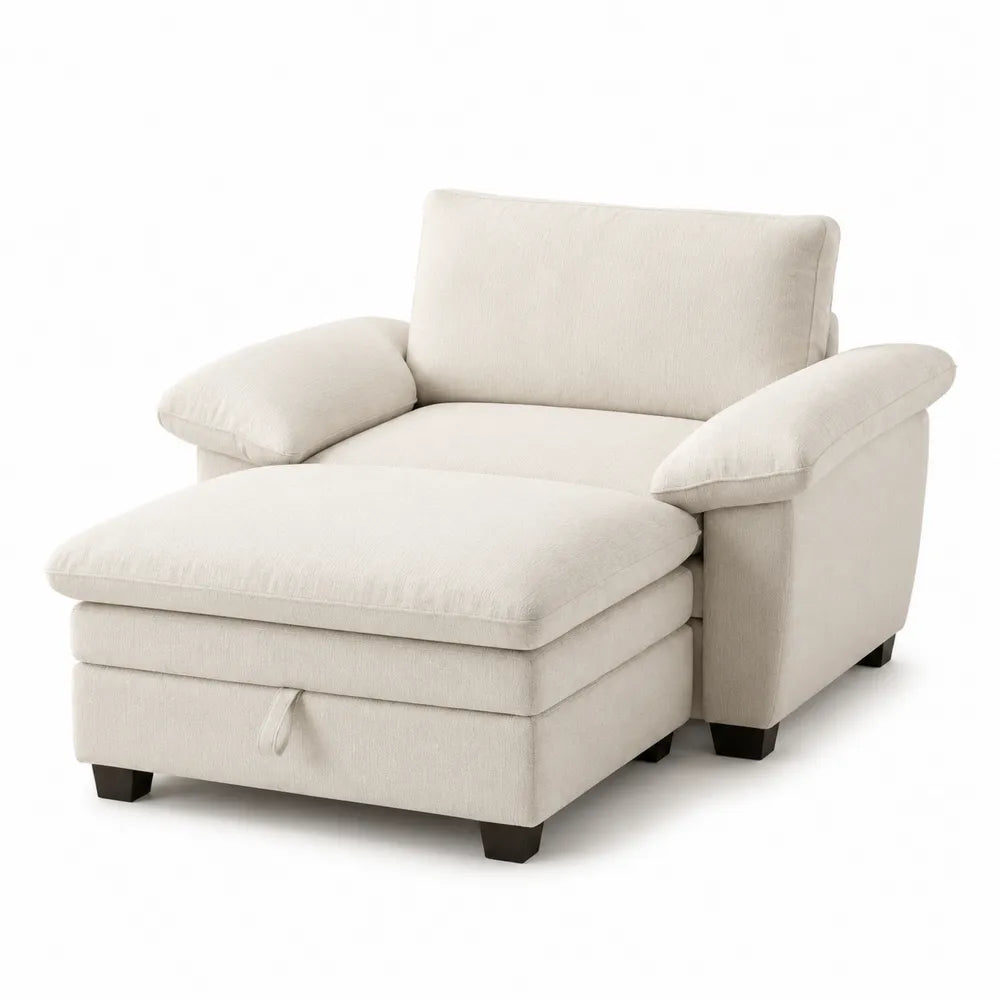 Poltrona imbottita in tessuto poliestere beige con braccioli e poggiapiedi estraibile circa 95 x 145 x 82 cm