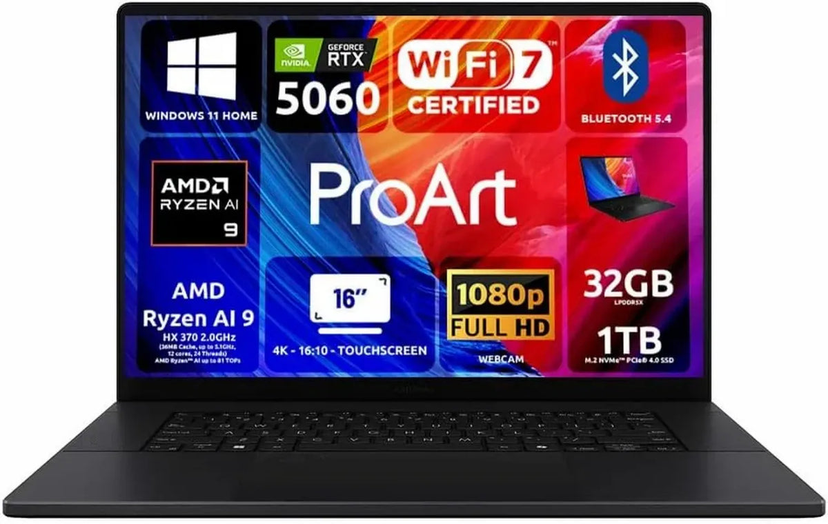 ASUS ProArt P16 OLED, 16 Pollici 4K Touch, AMD Ryzen 9 HX, 32GB RAM DDR5, Nvidia RTX 5060, 1TB SSD, Win 11, Wi-Fi 7