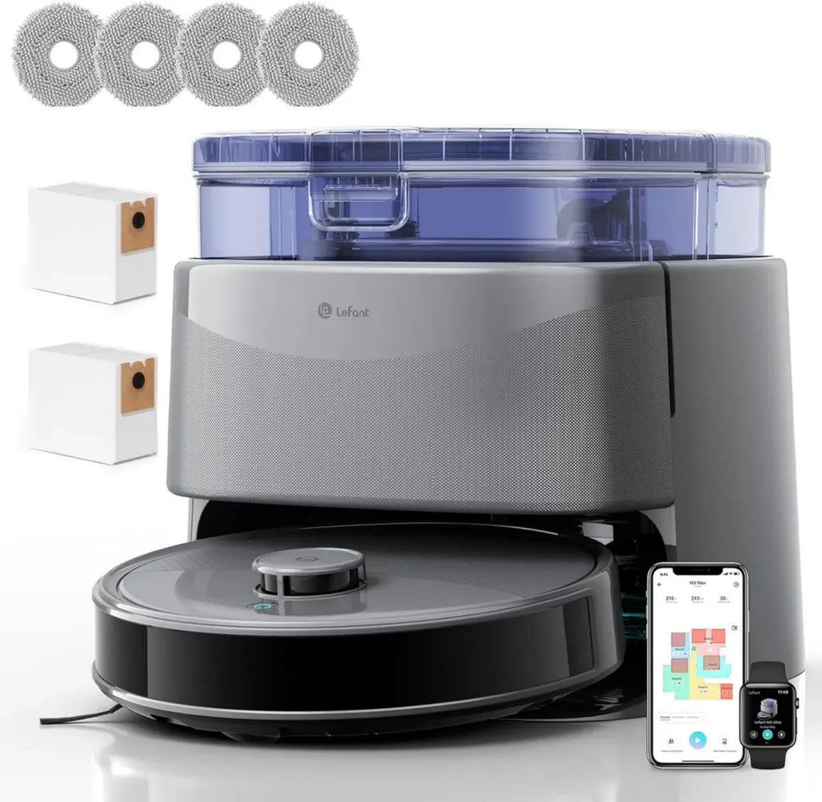 Robot Aspirapolvere Lefant M3 Ultra con Mappatura Laser, 23000Pa, Pulizia e Asciugatura Efficiente, Autosvuotamento 3,2L, Compatibile con Alexa e App