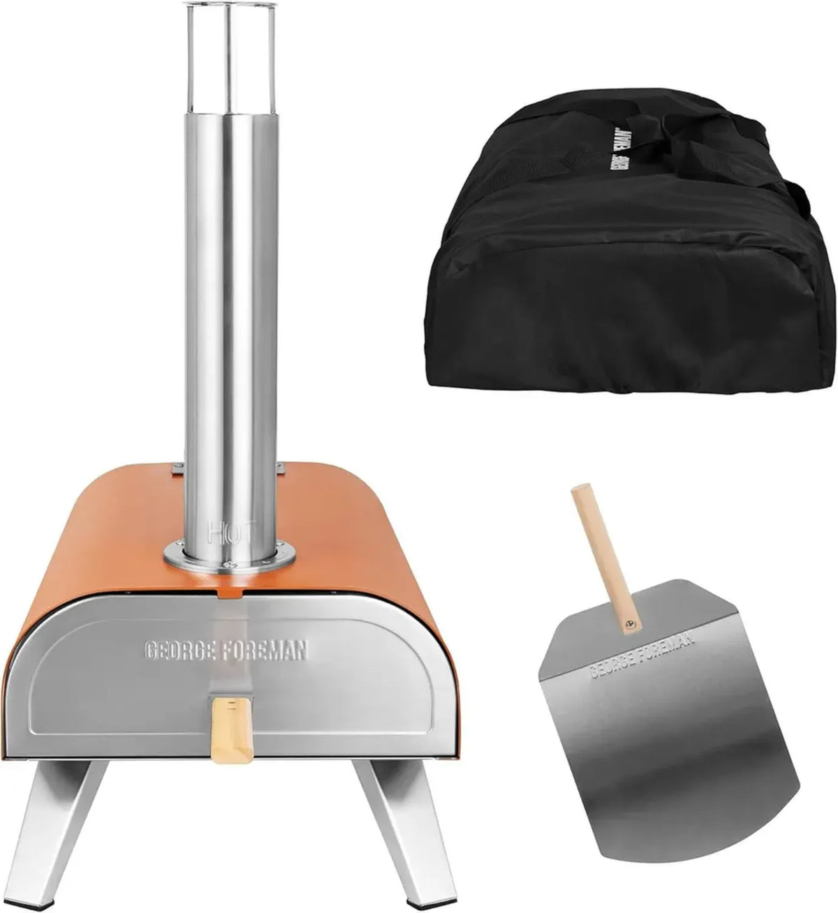 Forno per Pizza a Pellet Portatile da Esterno George Foreman 30,5 cm, Arancione, con Pala e Borsa, Barbecue e Affumicatore, Gambe Pieghevoli