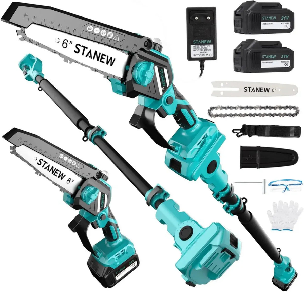 Motosega Telescopica 2 in 1 con Asta, 6 Pollici, Batteria 2x4000mAh, Brushless, Lunghezza Massima 4.55M, Regolazione Angolare 0-120°, Display LCD