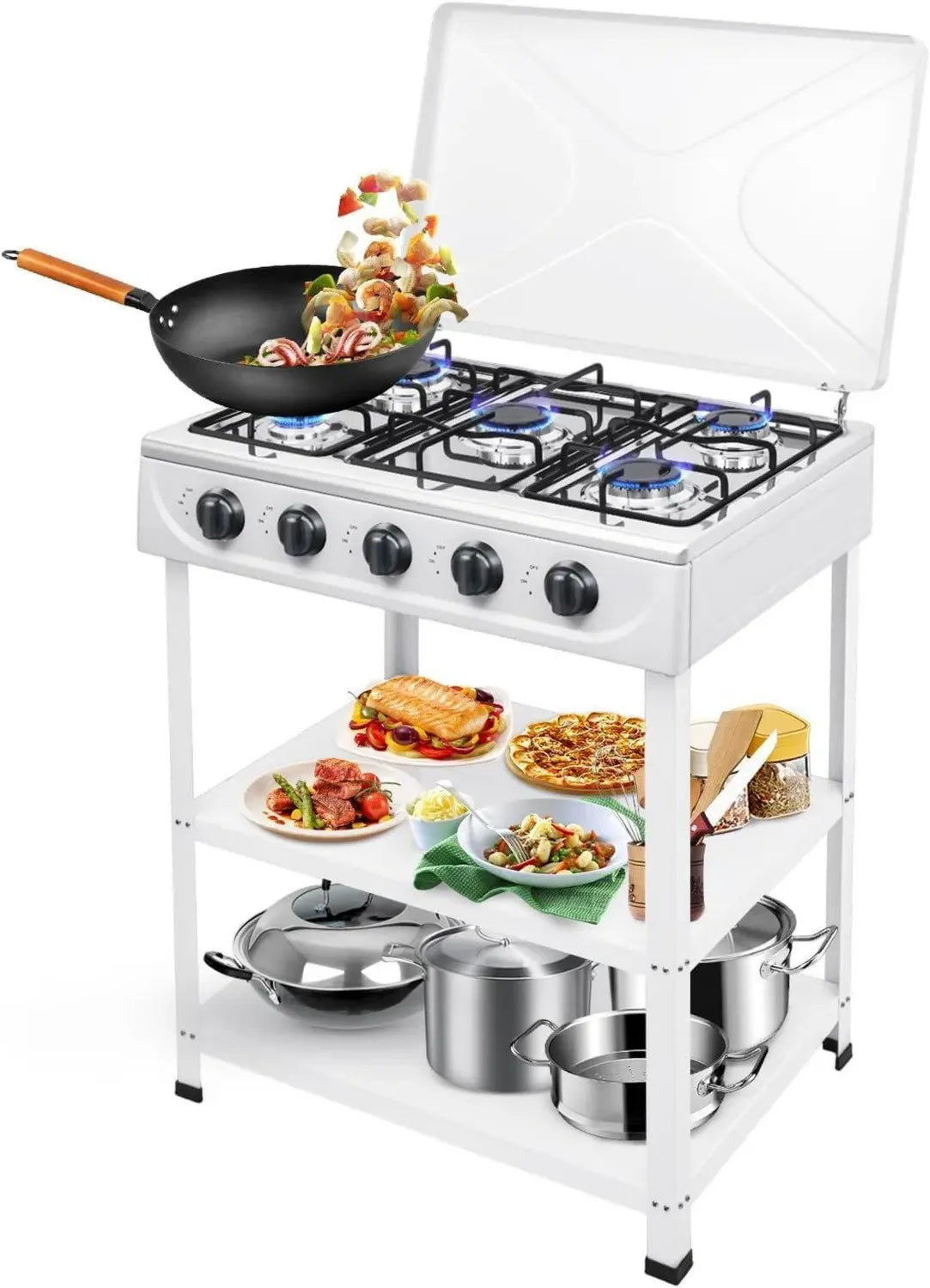 Fornello a gas 5 fuochi nero/bianco per esterno, compatibile propano e gas naturale, con ripiano e facile pulizia, perfetto per campeggio e giardino