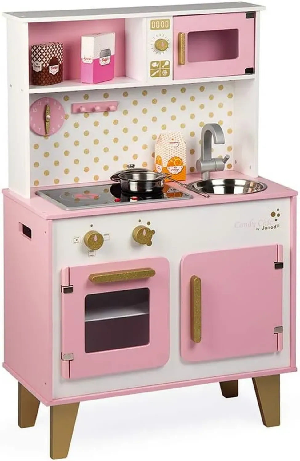 Janod - Cucina in Legno per Bambini Candy Chic - Frigo, Forno a Microonde, Suoni e Luci - Accessori Inclusi - Dai 3 Anni in su, Rosa e Bianco