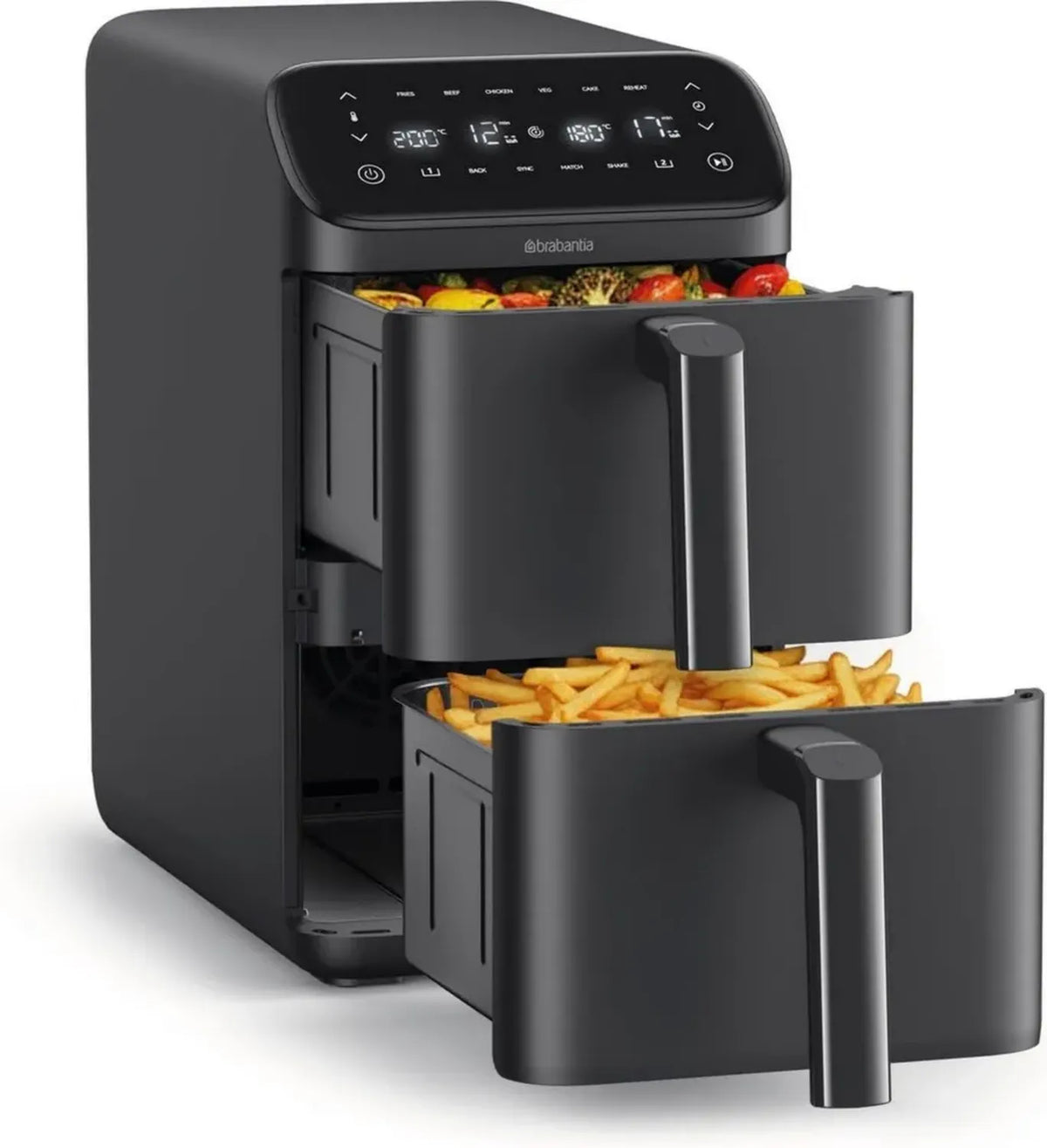 Friggitrice ad Aria Brabantia 10L, 2700W, Senza PFAS, Doppio Cassetto, 6 Programmi, Schermo Touch, Nero