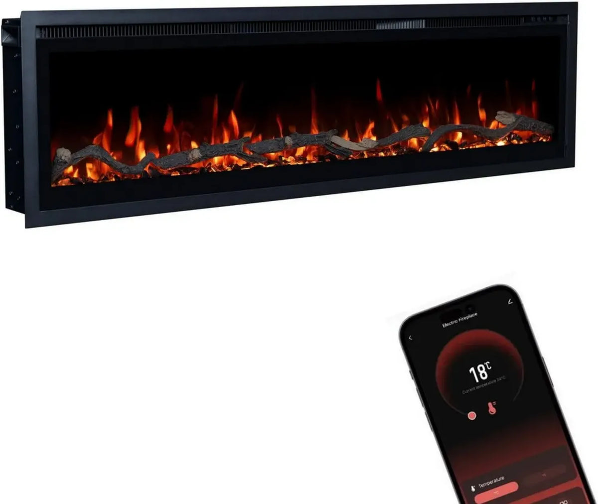 GLOW FIRE Camino Elettrico Core 127 con Effetti LED 3D, Riscaldamento, App Controllo e Timer, 1800W