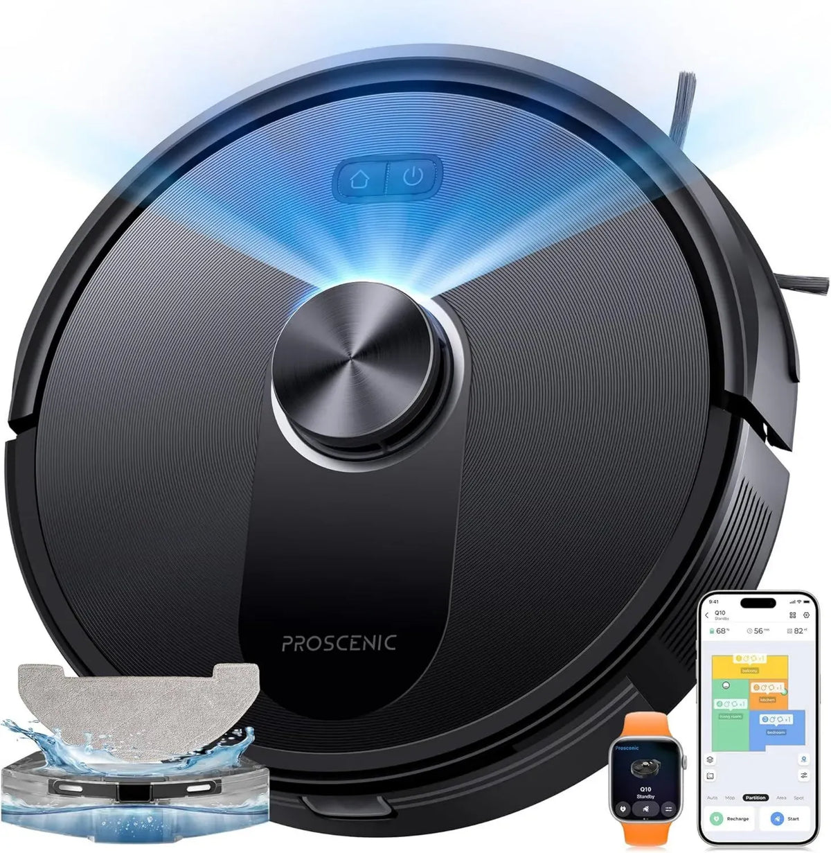 Aspirapolvere Robot Proscenic Q10 con Mappatura, Potente Suzione 8000Pa, Autonomia 200 min, Controllo Smart via App e Assistenti Vocali, Perfetto per Casa e Animali