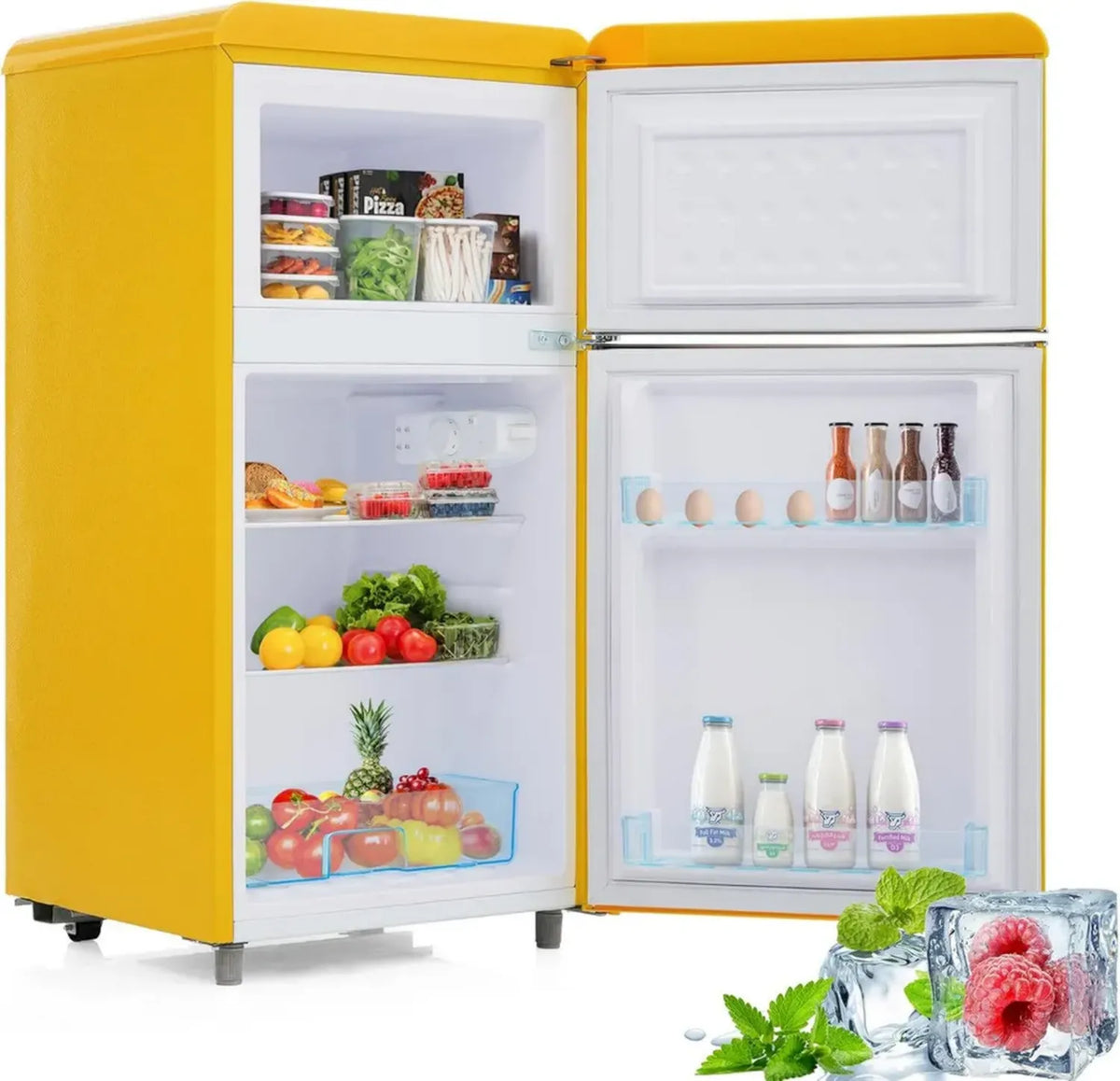 Frigorifero compatto retrò con congelatore, 72L, ripiano per verdure, efficienza energetica A+, LED, giallo