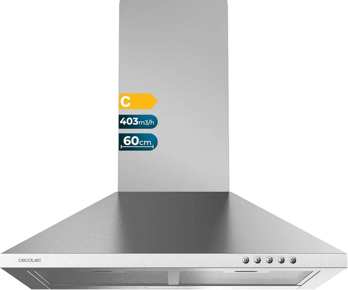 Cappa aspirante a piramide 60 cm in acciaio inox, potenza 403 m³/h, motore 105W, 3 livelli, controllo meccanico, classe energetica C
