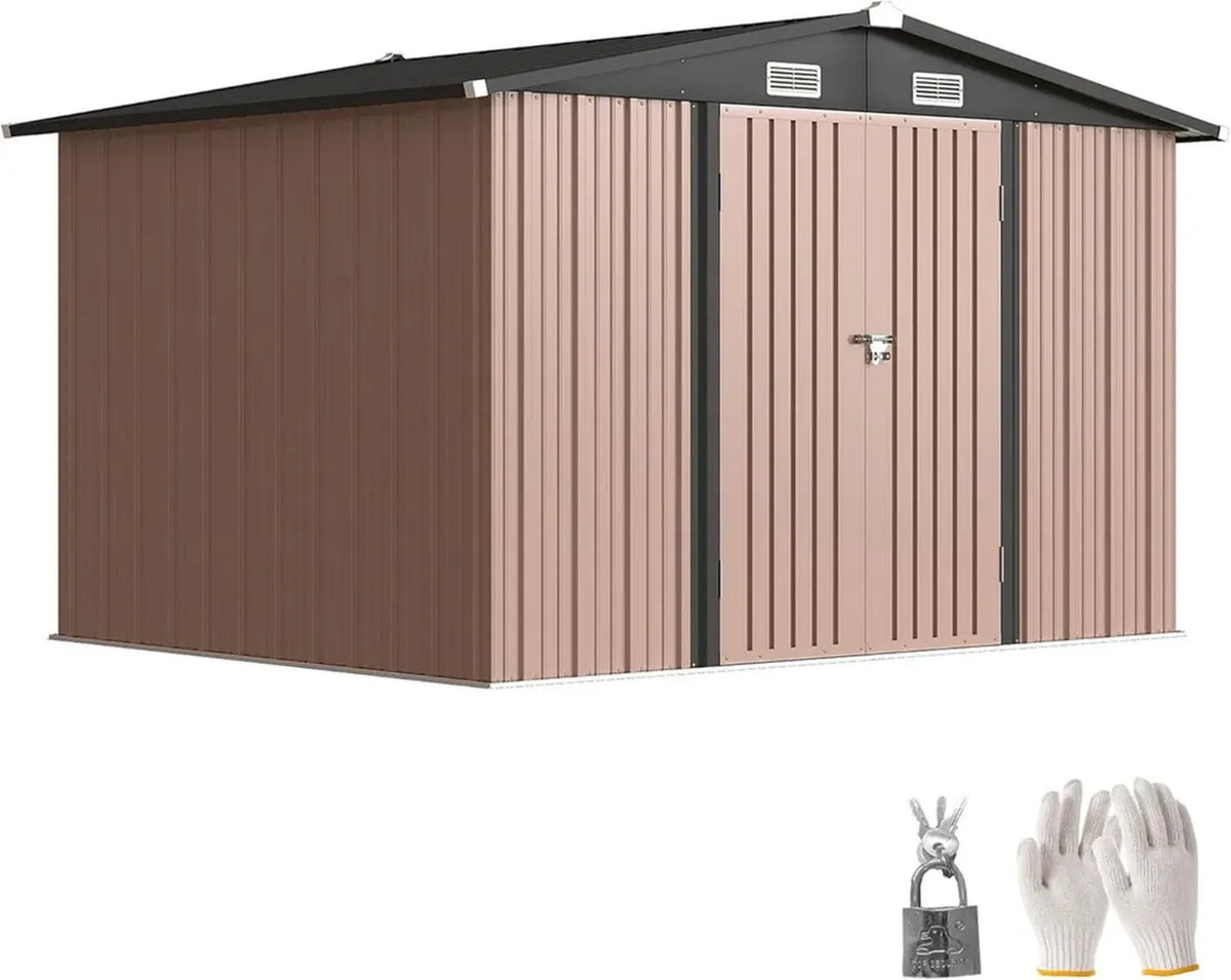 Capanno da Giardino in Acciaio Zincato con Doppia Porta e Ventilazione, 305x245x194 cm, Marrone