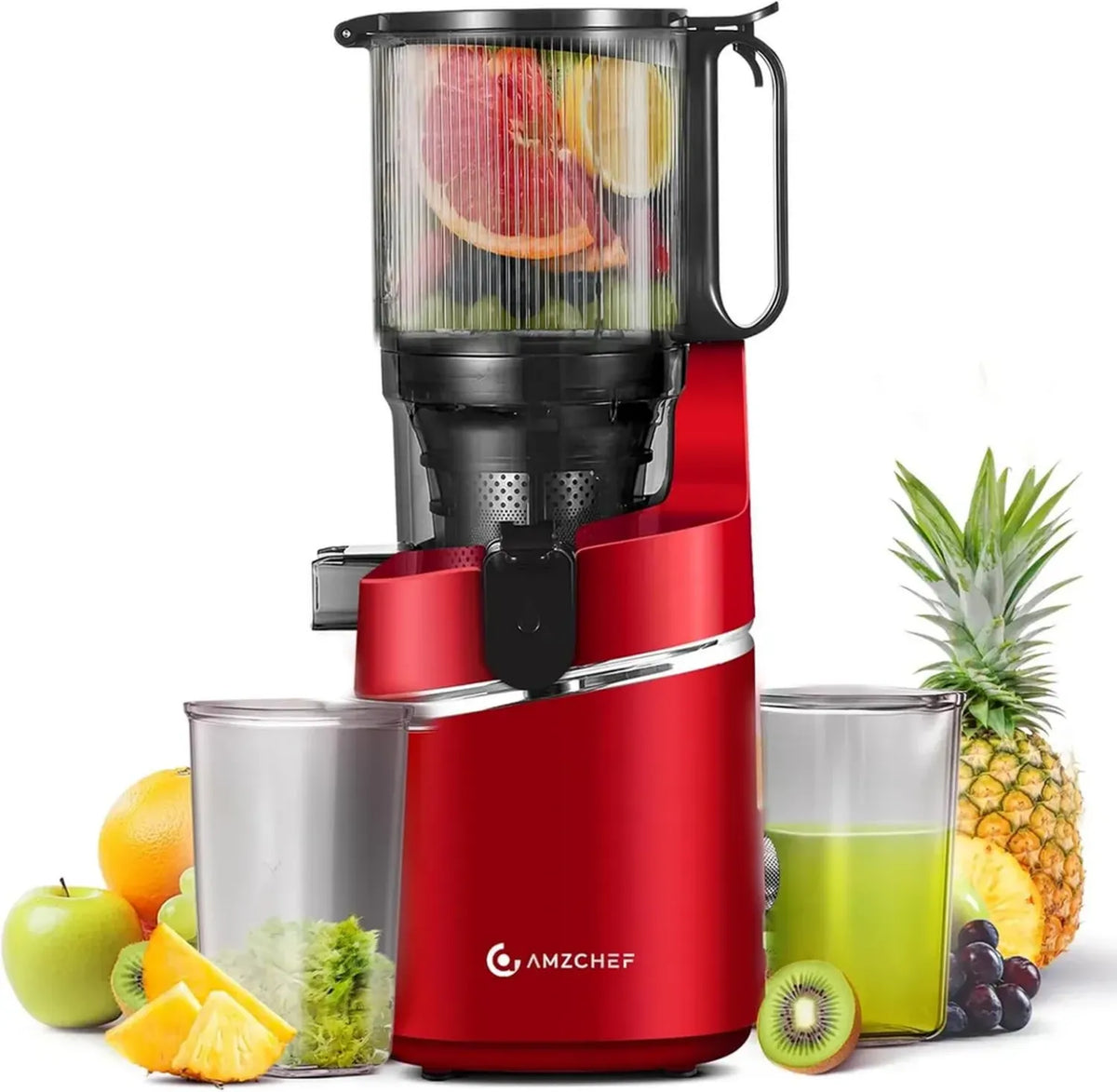 Estrattore di Succo AMZCHEF 250W, Apertura Extra Large 145mm, Capacità 1,8L, Ideale per Frutta e Verdura, Rosso