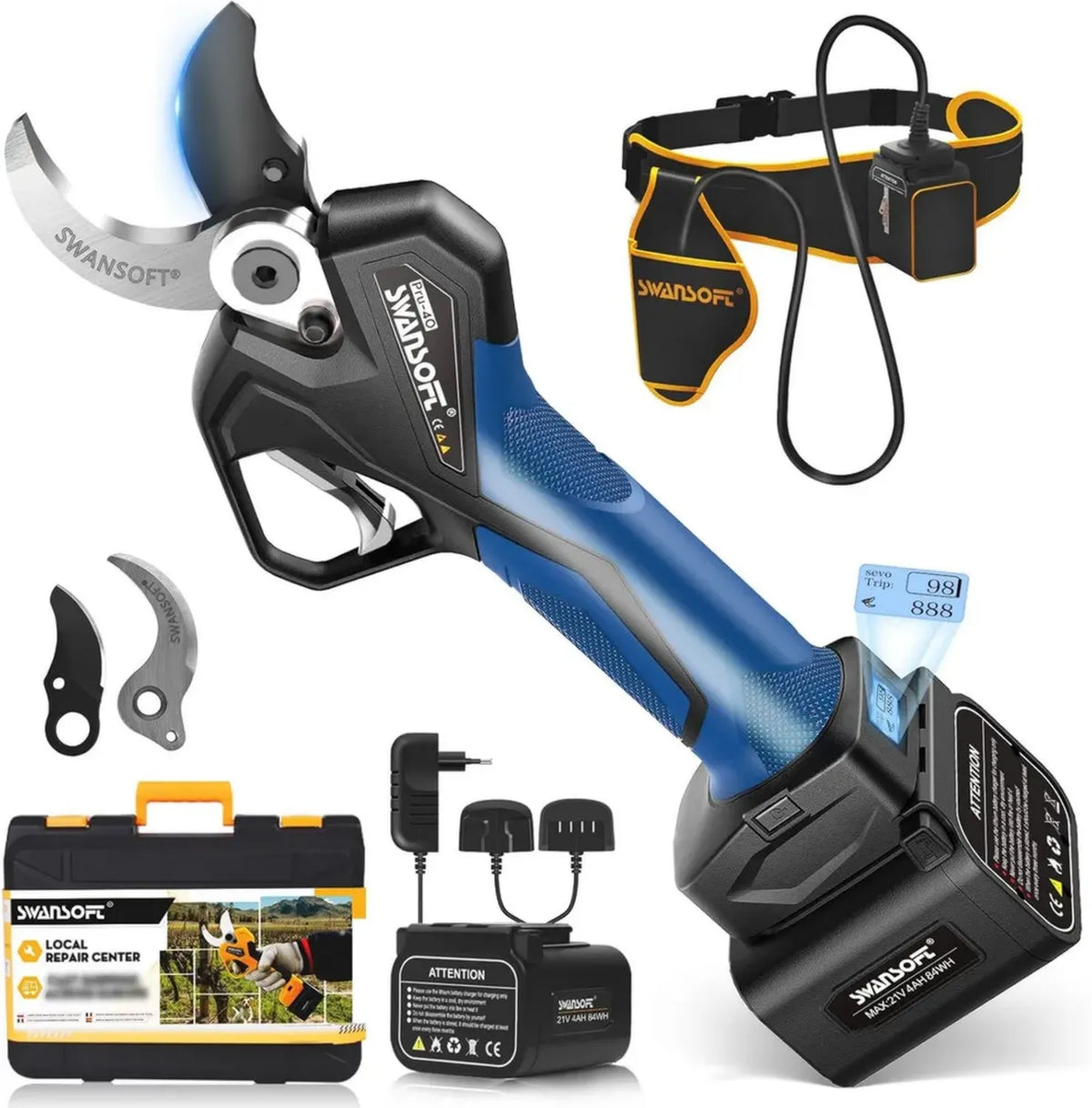 SWANSOFT Forbici da Potatura Elettriche Professionali 40mm 21V, Alta Potenza 1050W 8Ah, Blu/Nero