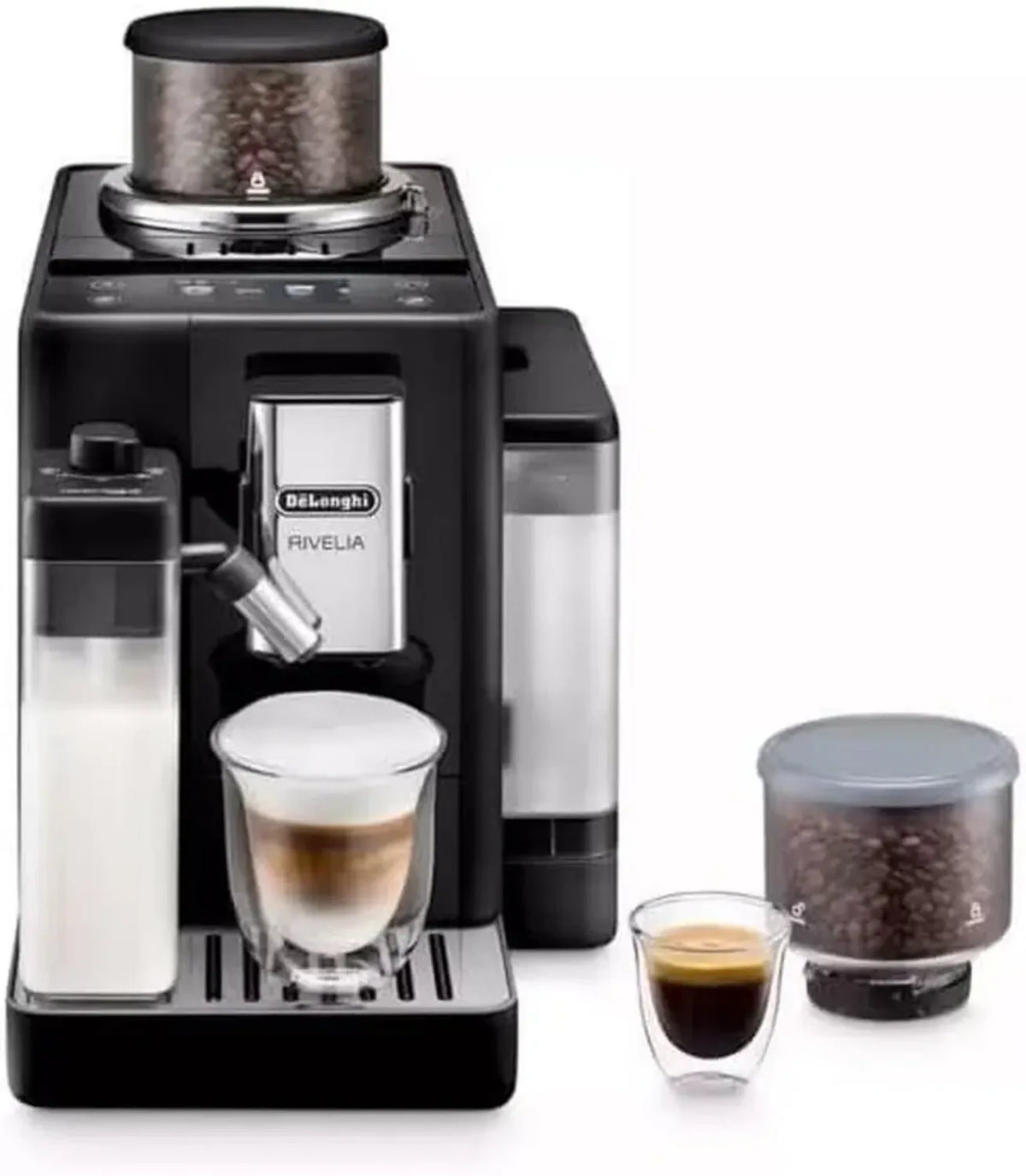 DeLonghi Rivelia Macchina da Caffè Super Automatica con Macinino e Serbatoio per Latte, 19 Bar, Nero Onice