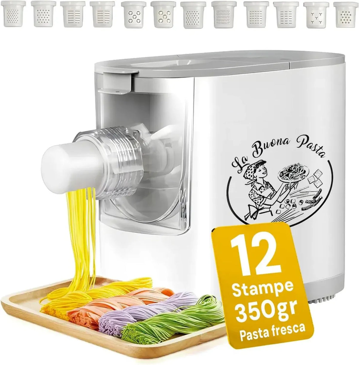 Avilia Macchina per Pasta Elettrica 200W con 12 Forme Diverse - Prepara Pasta Fresca in 10 Minuti, Impasto Veloce 3 Minuti - Capacità 350g con Raschietto Omaggio