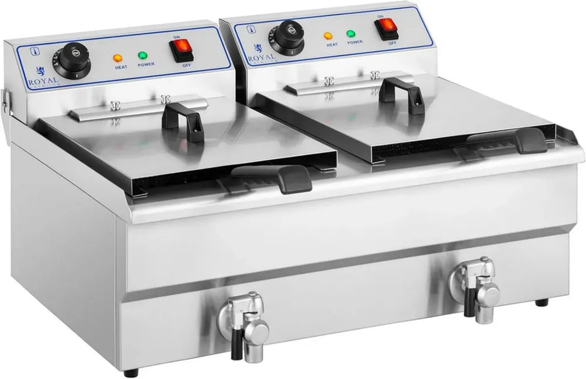 Friggitrice Elettrica Doppia 2x16L Royal Catering con Rubinetto di Scarico in Acciaio Inox
