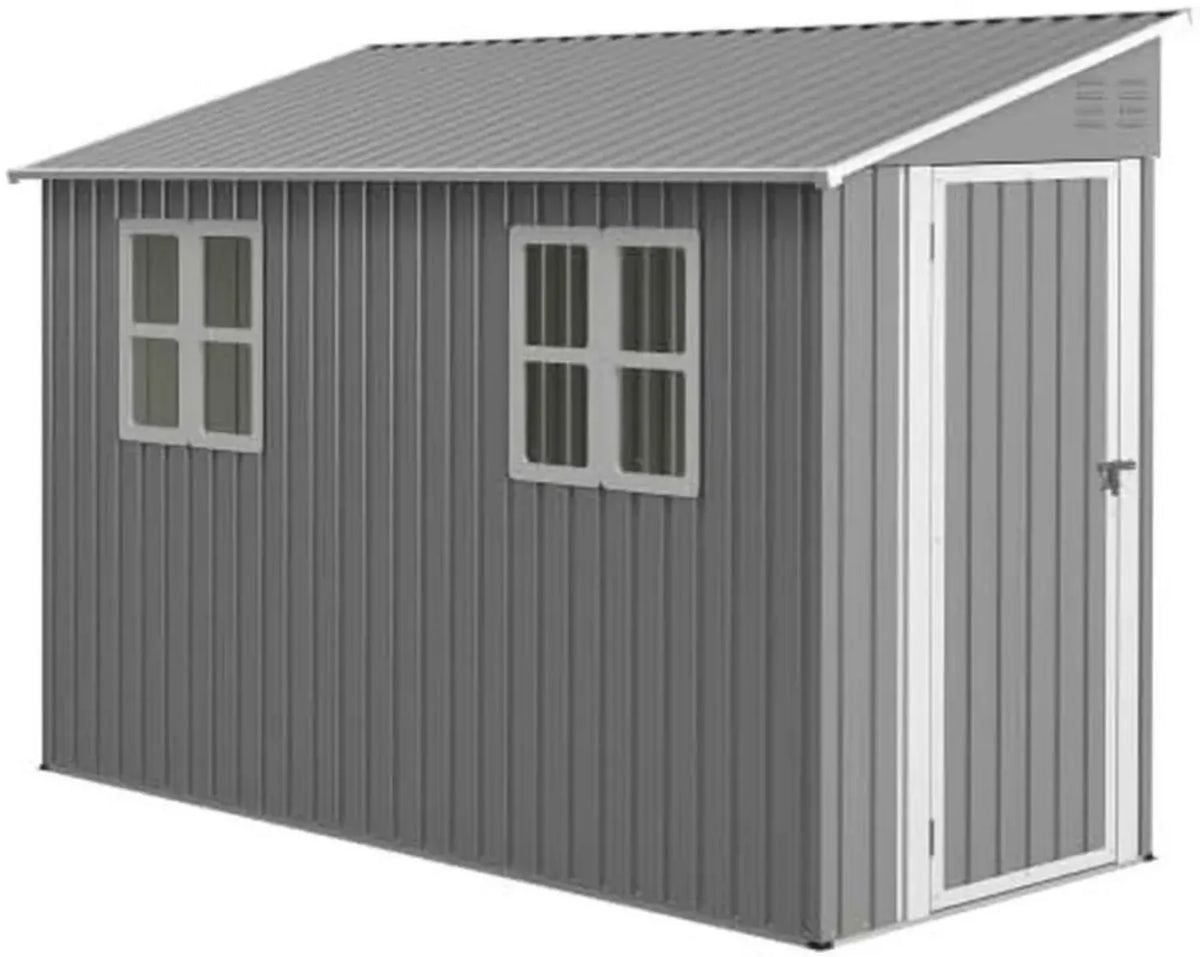 Casetta da giardino in metallo 120x300 cm con kit pavimento e finestre, porta reversibile, colore grigio