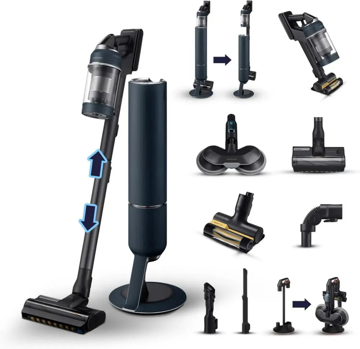 Scopa Elettrica Senza Fili Samsung Jet Plus 210W, Stazione Clean, Autonomia 120 Min, Midnight Blue