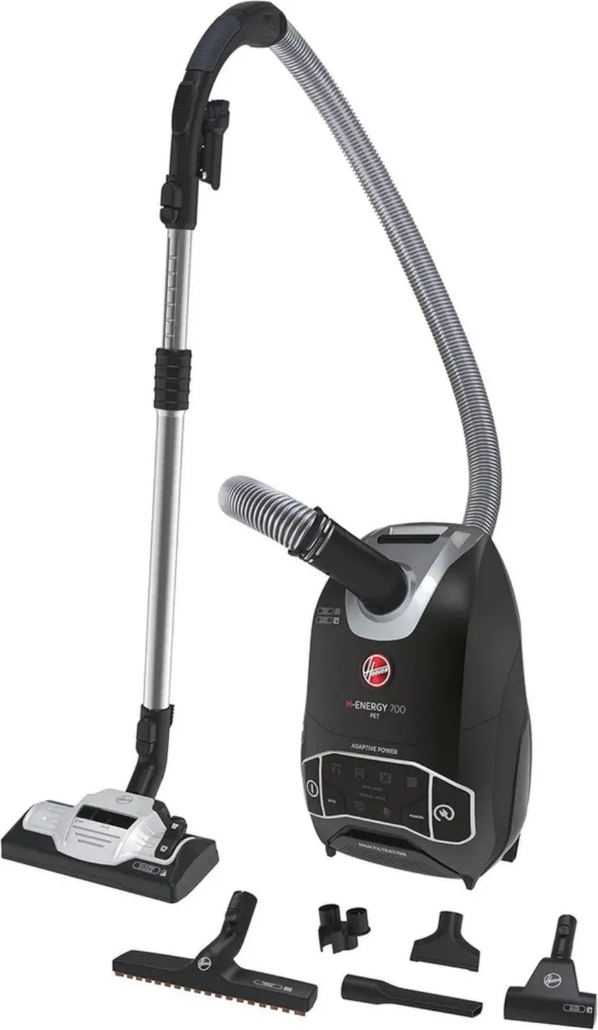 Hoover H-Energy 700 Aspirapolvere con Sacco per Animali, 850W, Spazzola Multi-Superficie, Filo Lungo 7m, Nero