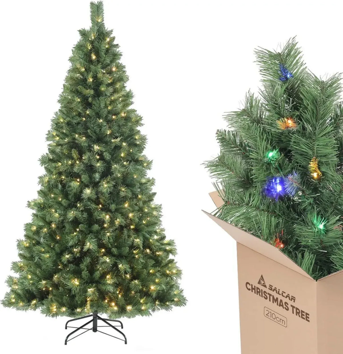 Albero di Natale Artificiale 210 cm con Luci LED Incorporate, 868 Rami e Supporto in Metallo