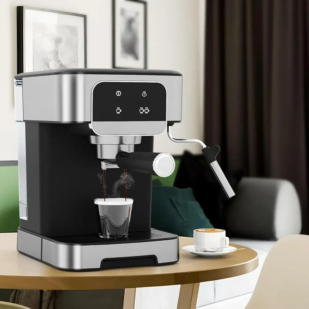 Macchina da Caffè Espresso 1200W, 20 Bar, Schermo Touch LED, Lancia Vapore Potente, Serbatoio Removibile, Design Compatto in Acciaio Inox