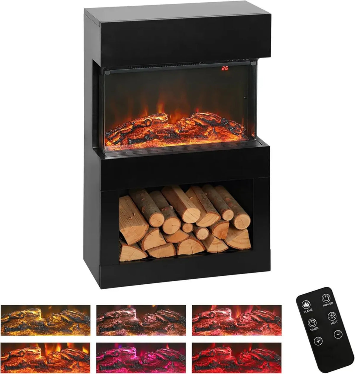 Stufa Elettrica HOMCOM Nero con Effetto Fiamma 3D, 6 Colori, 3 Livelli di Luminosità, Termostato Regolabile, Telecomando e Timer