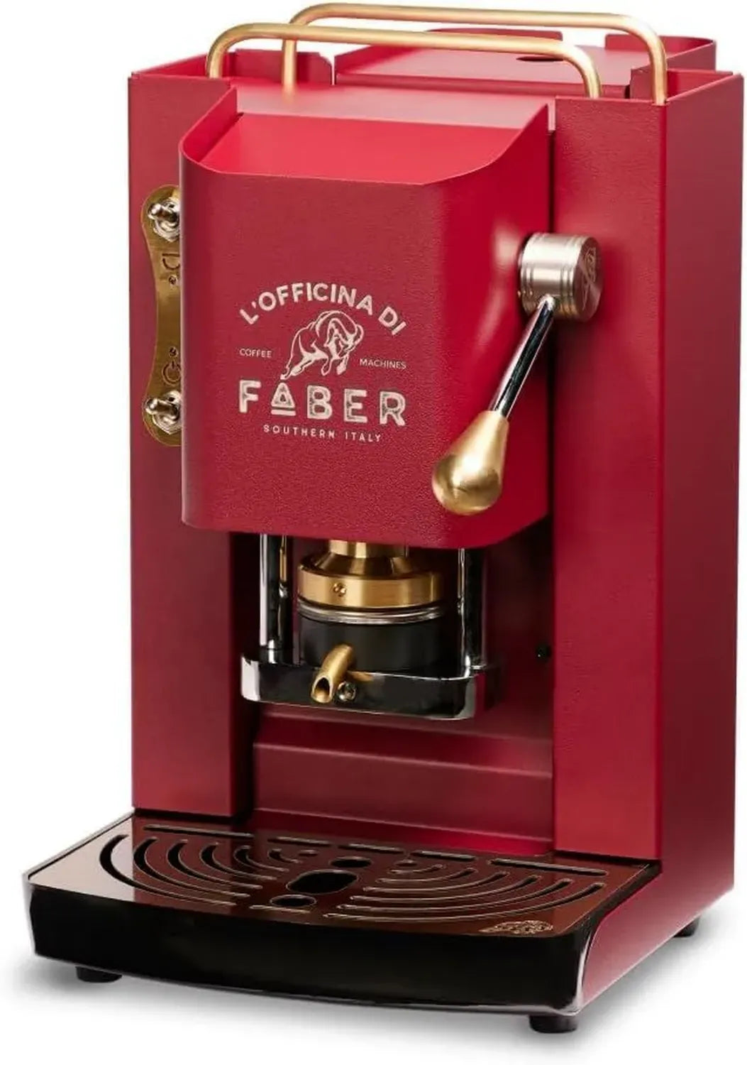 Macchina da caffè Faber Pro Deluxe con finiture in ottone, cialde ESE 44mm, pressacialda regolabile, elettrovalvola integrata, colore rosso ciliegia