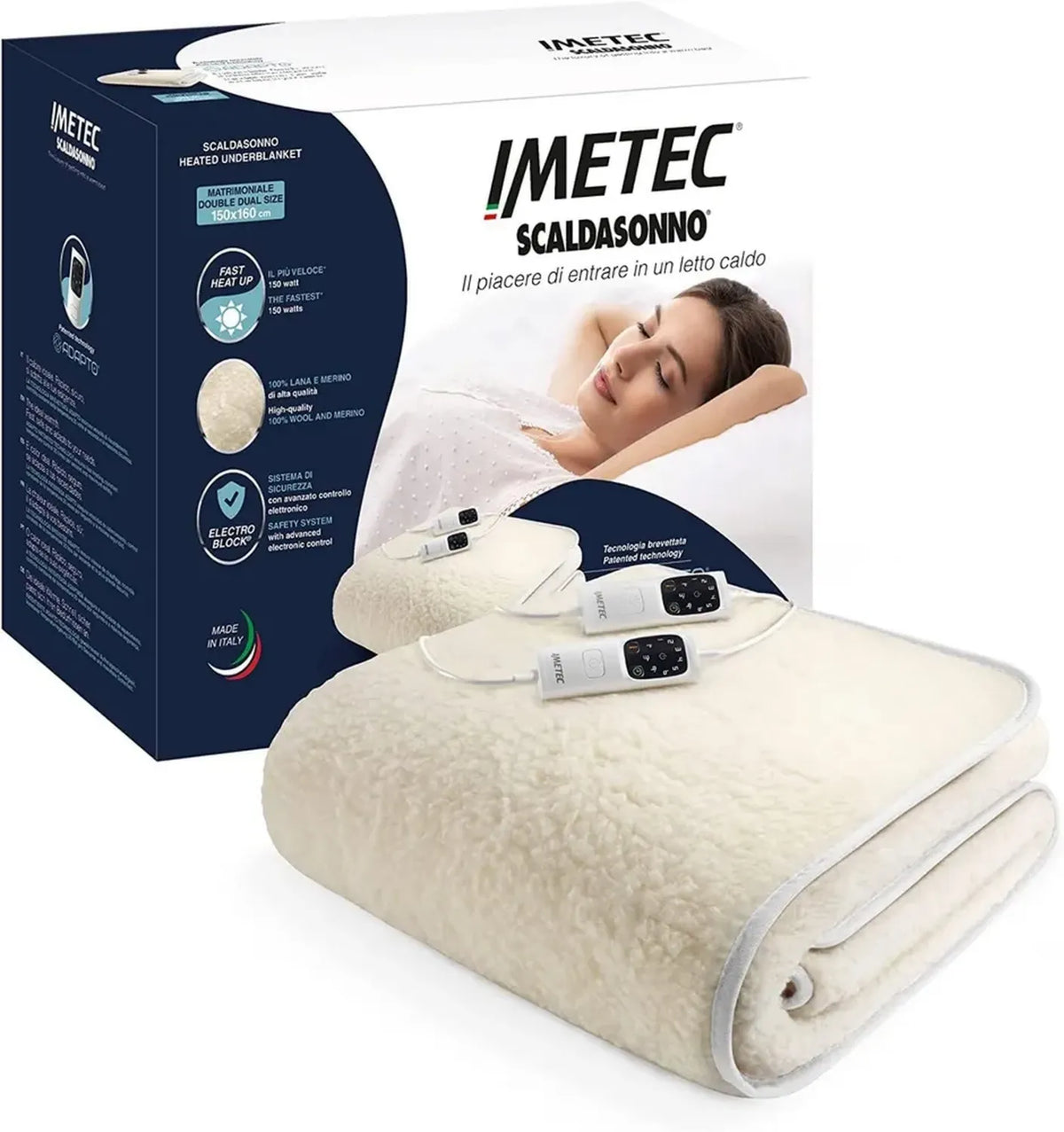 Scaldasonno Matrimoniale in Lana Merino con Timer e Sicurezza - Imetec Adapto 150x160
