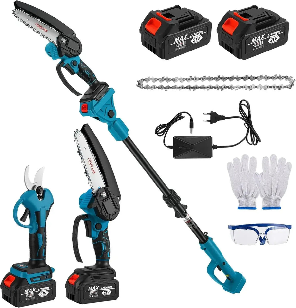 Attrezzo multifunzione a batteria 4 in 1 con prolunga telescopica - Motosega da 6 pollici + Cesoie potatura 32 mm - Angolo variabile 180° - Include 2 batterie da 2,0 Ah