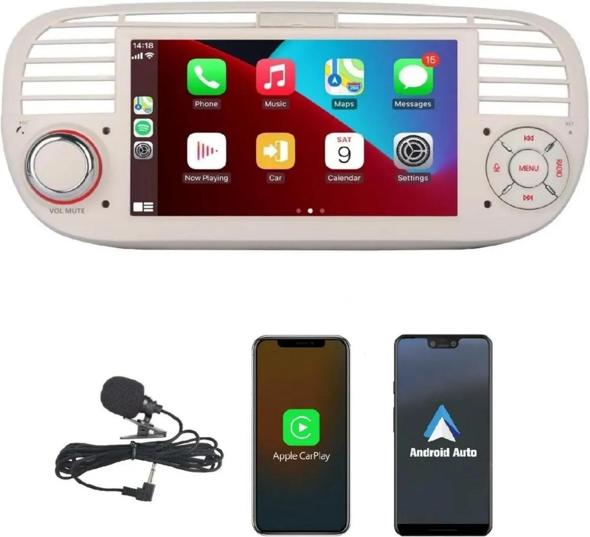 Autoradio 7'' per Fiat 2007-2015 con CarPlay e Android Auto, Bluetooth 5.0, Touchscreen, Controllo al Volante, Bianco
