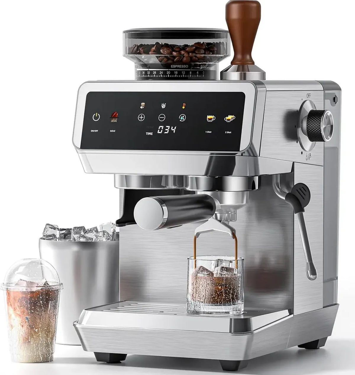AMZCHEF Macchina da Caffè Espresso 20 Bar con Macinacaffè Integrato, 44 Livelli di Macinatura, 4 Impostazioni di Temperatura, Funzione Cold Brew, Lancia Vapore per Cappuccino, Acciaio Inox, 1.8L
