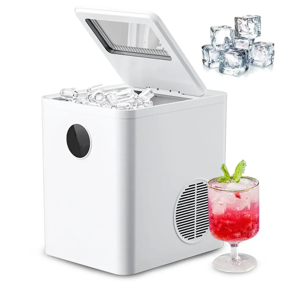 Fabbricatore di Ghiaccio Compatto da 1,5L, 2 Dimensioni, 9 Cubetti in 6 Minuti, Autopulente, Portatile per Casa e Campeggio