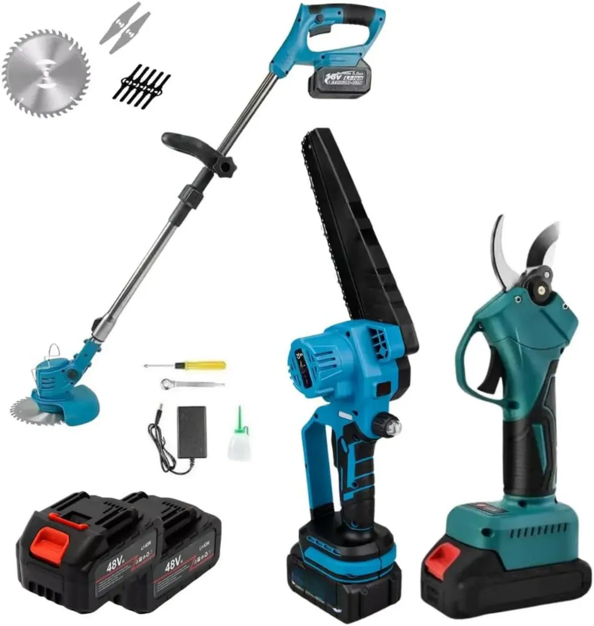 Set Attrezzi da Giardinaggio 3 in 1 - Forbice Elettrica, Mini Motosega 6-8 Pollici e Decespugliatore a Batteria - 48V, 2 Batterie e Accessori