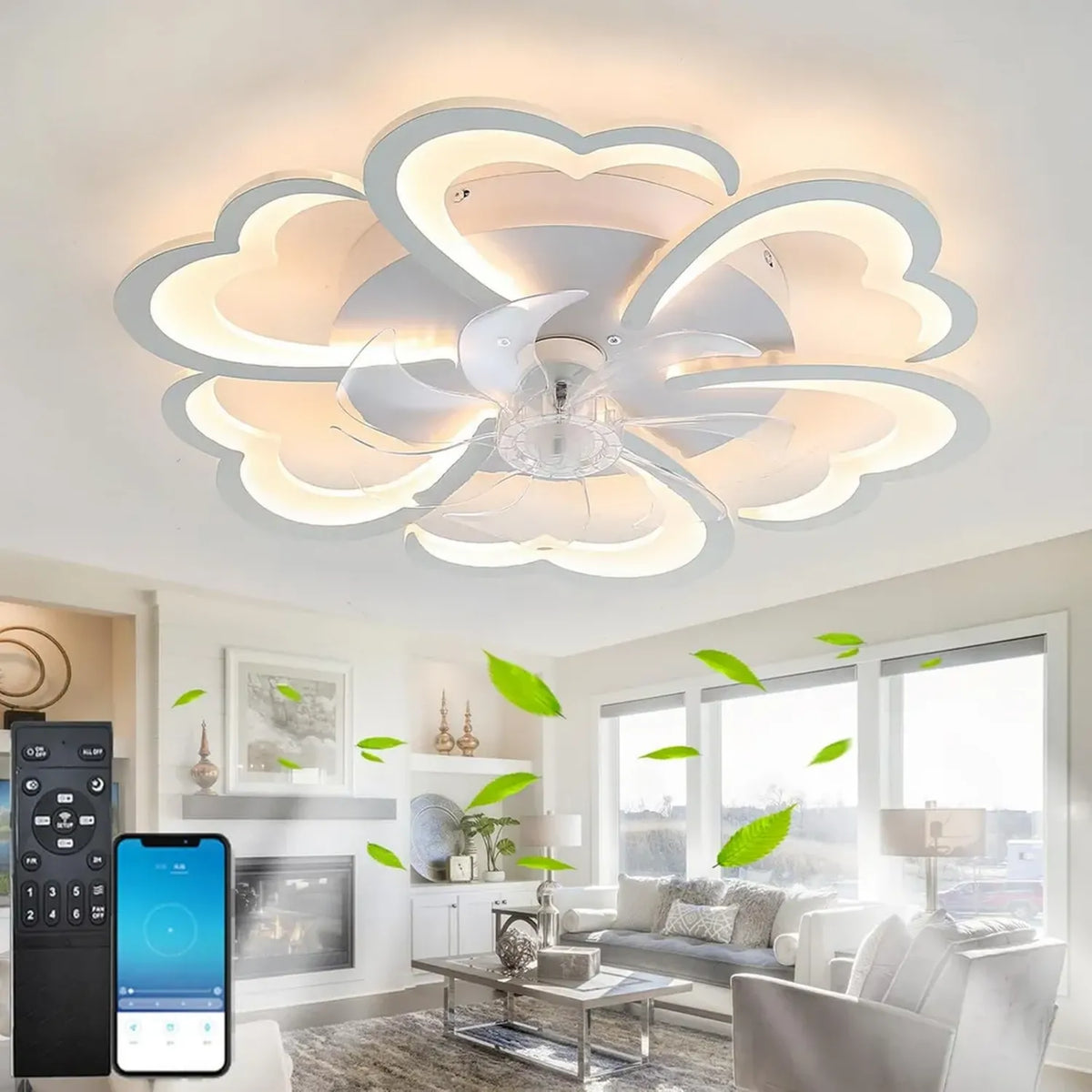 Ventilatore a Soffitto Silenzioso con Luce LED Dimmerabile e Telecomando, 6 Velocità DC, Compatibile con App, per Soggiorno e Camera, Bianco