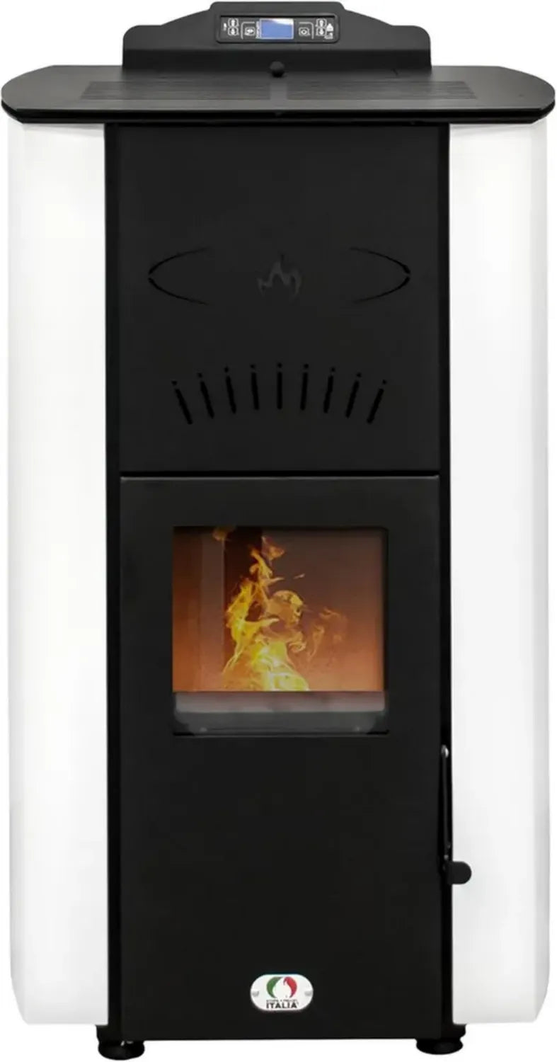 Stufa a Pellet Idro 20 KW con WiFi e Pulizia Automatica, Efficienza 90%, Riscalda 120m², Autonomia 22H, Programmabile, 5 Livelli di Potenza, Bianco, Garanzia 24 Mesi