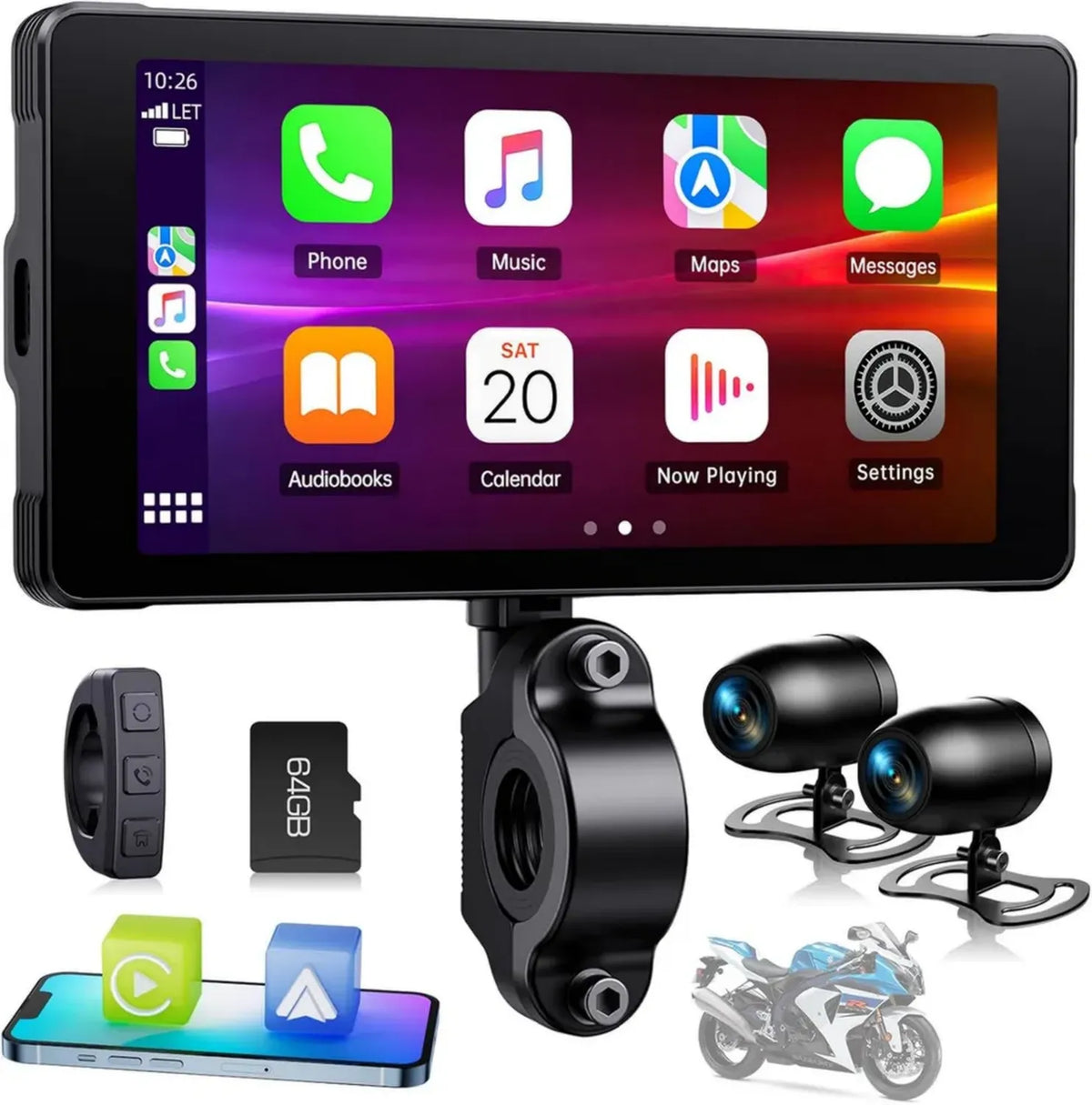 Sistema Carplay Wireless per Moto con Dashcam 2K e Schermo Touch Impermeabile da 5,5 pollici