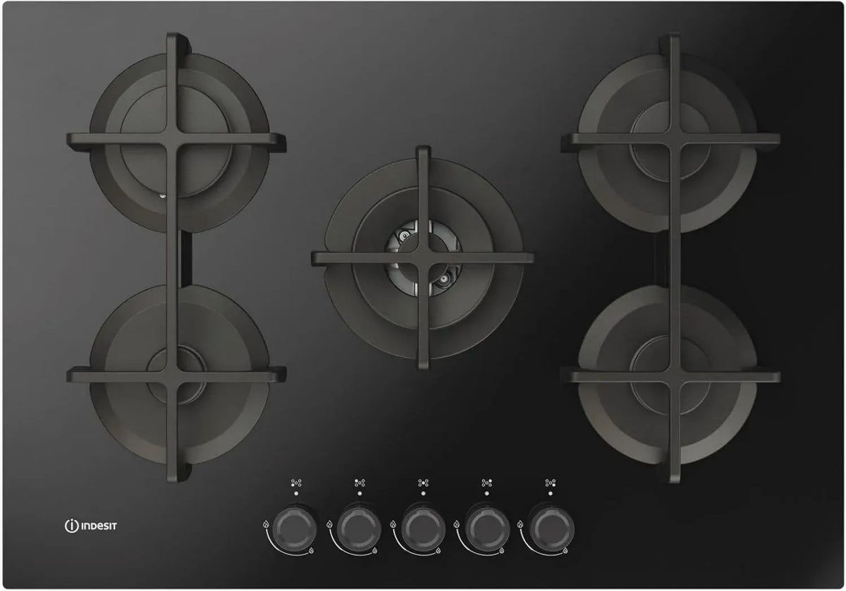 Indesit Piano Cottura a Gas Vetro Nero 75 cm 5 Fuochi Doppia Corona Griglie Ghisa